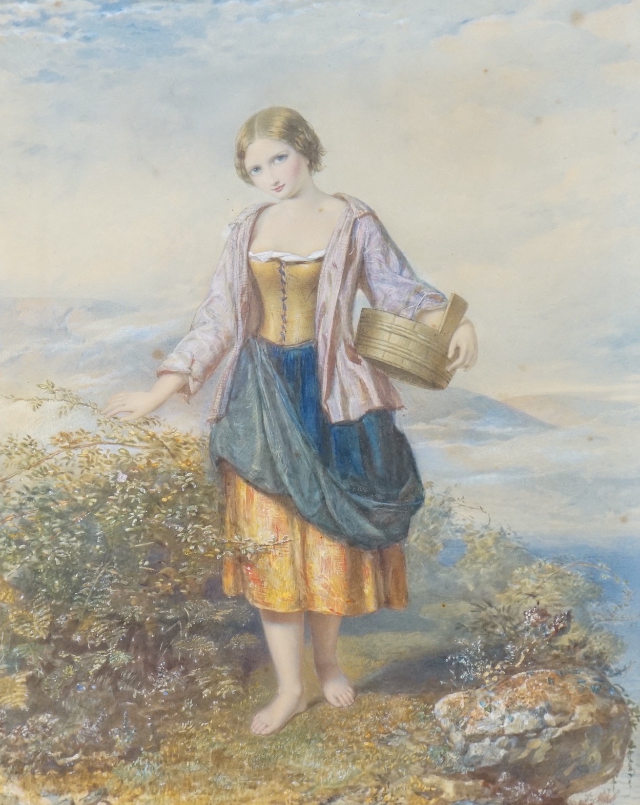 Augustus Jules Bouvier (1827–1881), watercolour, Girl on a hilltop picking blackberries, signed and dated 1854, 49 x 39cm